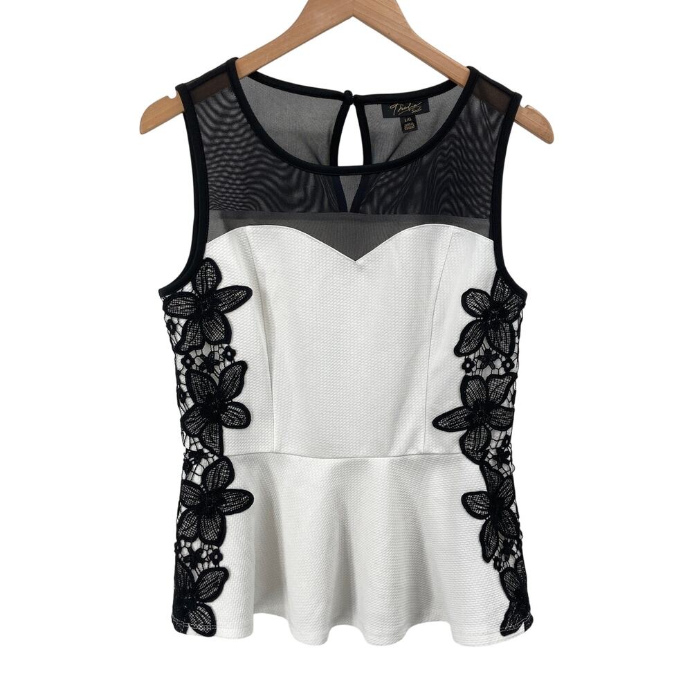 Thalia Sodi Womens Large Black White Blouse Top Lace Mesh Sleeveless Peplum